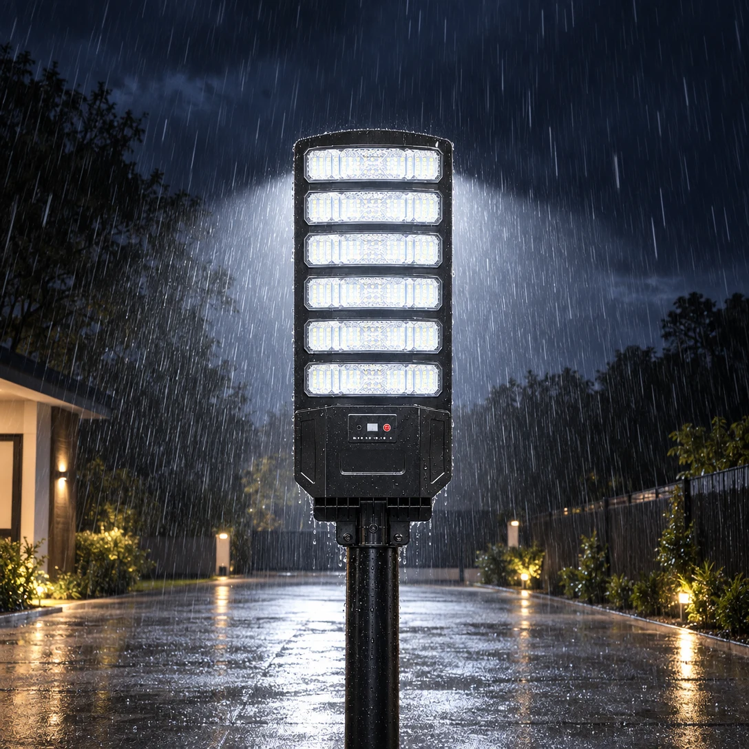 Solar street light shining through heavy rain at night