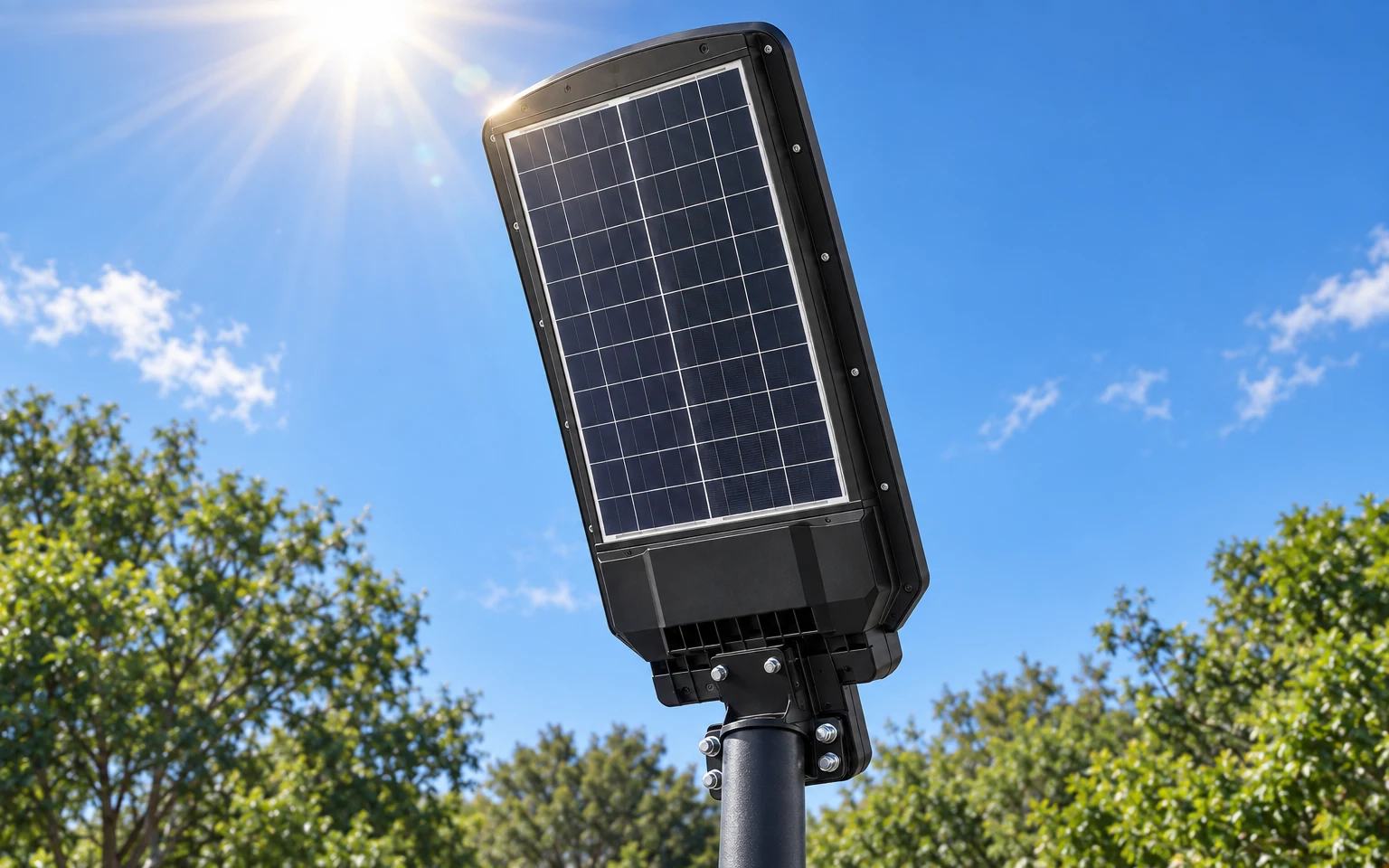 Solar street light on a pole charging in direct midday sun