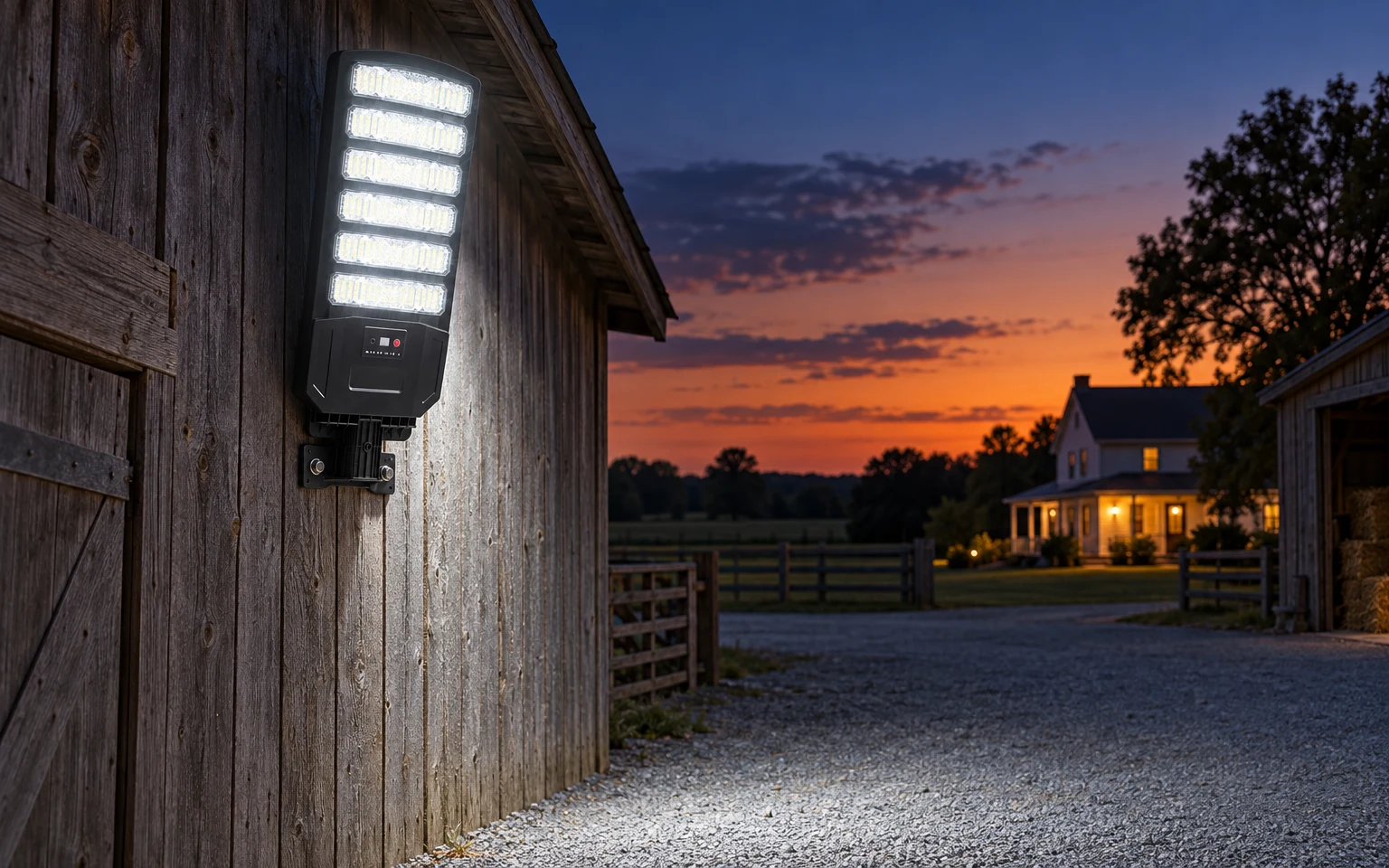 Solar street light switching on by itself at sunset over a farmyard