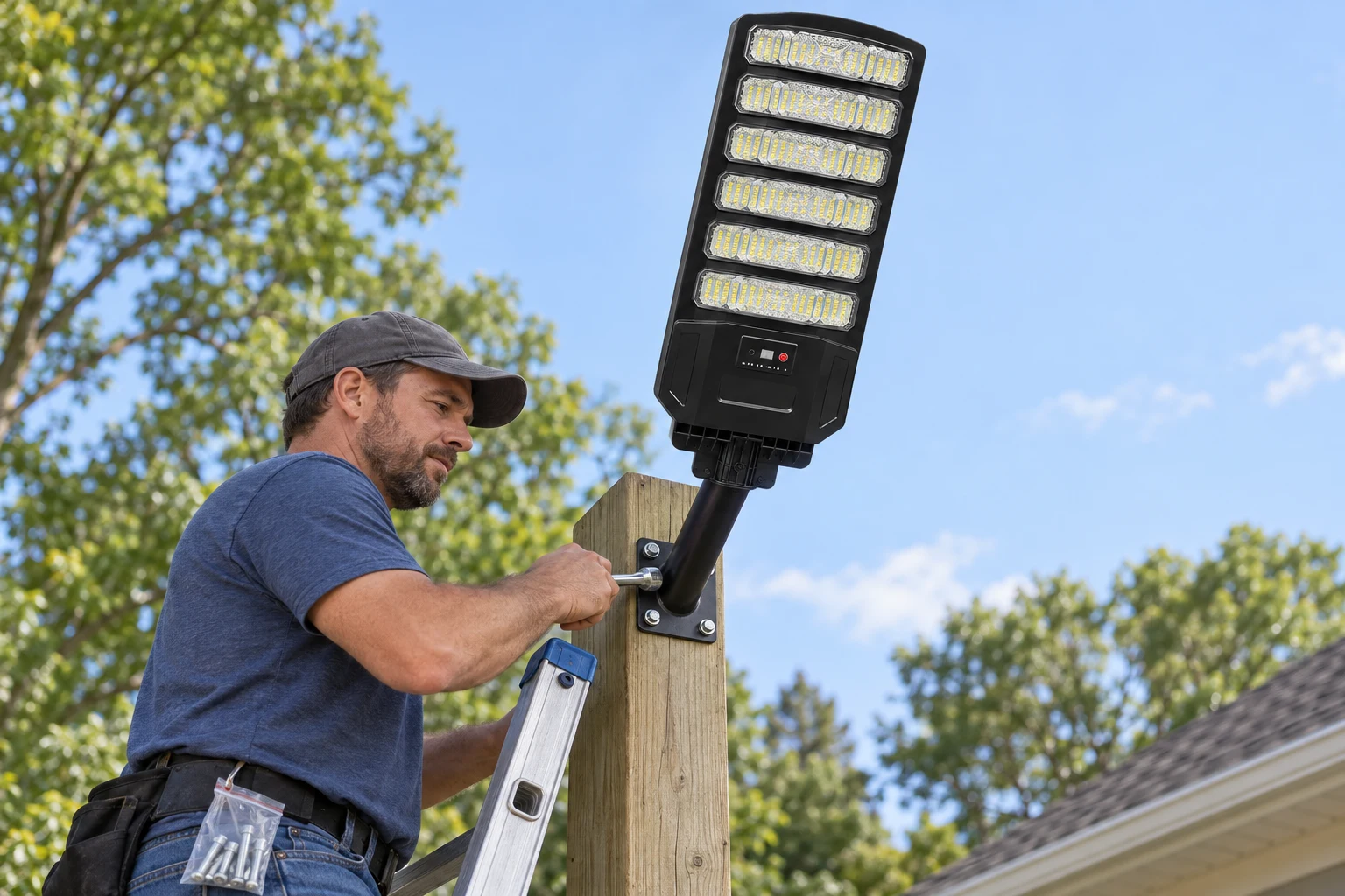 Homeowner on a ladder bolting the solar street light's bracket to a post