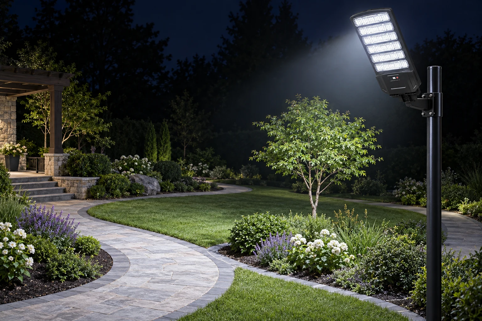 Solar street light lighting a large garden at night