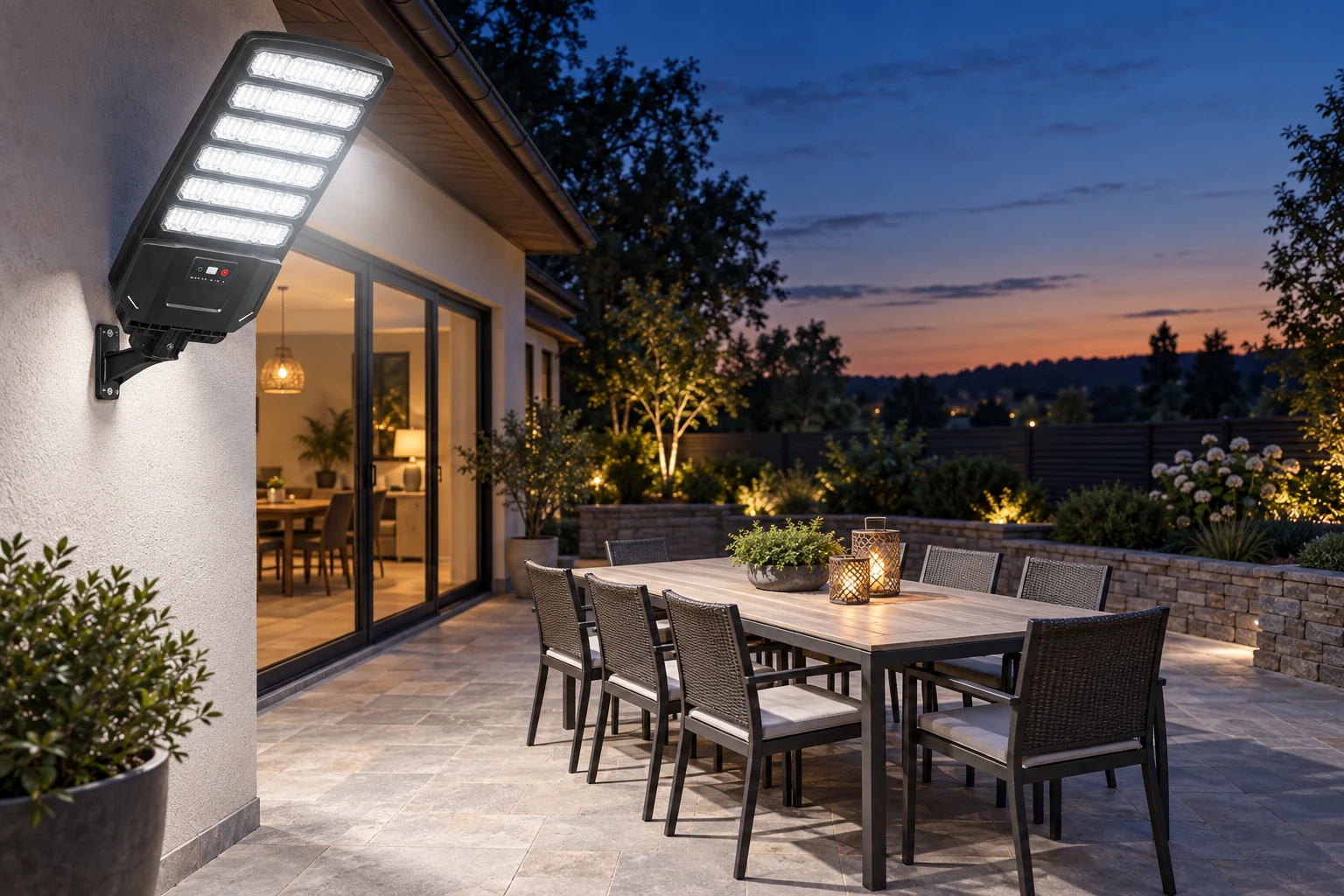 Solar street light switching on at dusk over a patio