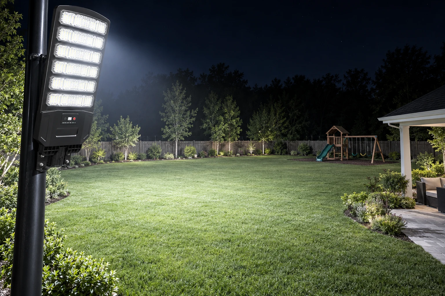 One solar street light lighting a whole backyard at night