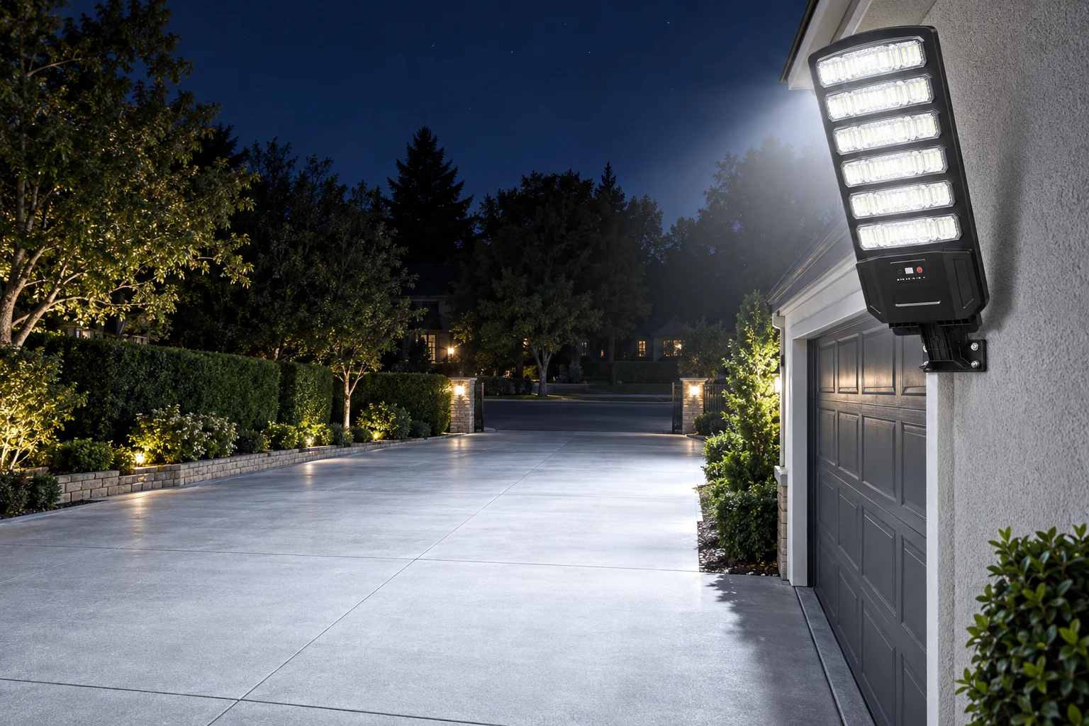 Solar street light lighting a long driveway and parking area at night