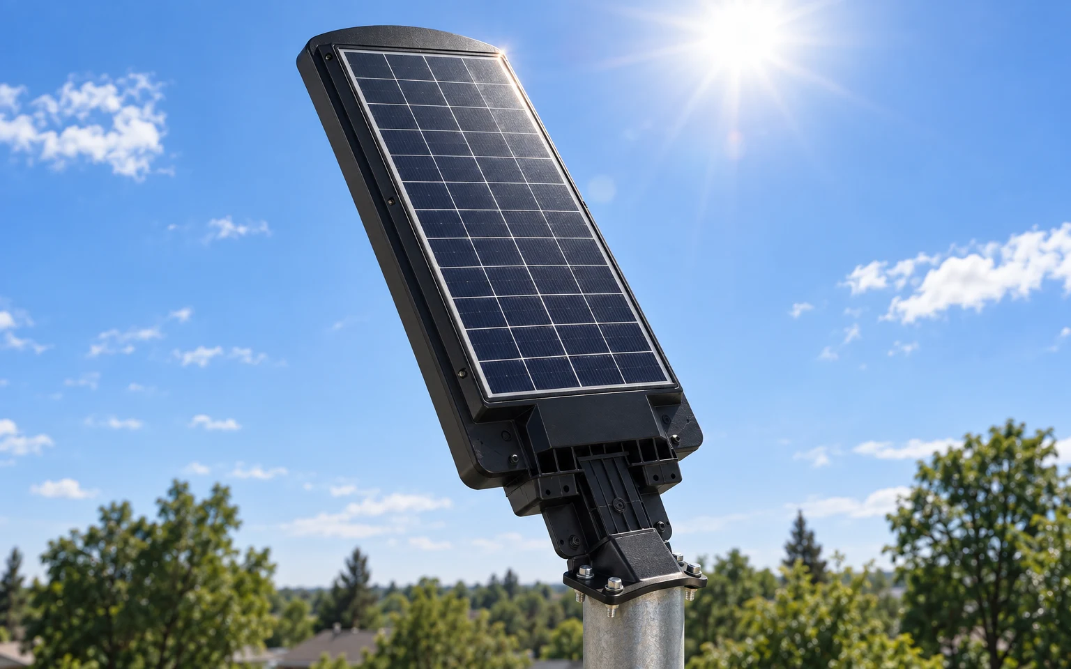 Solar street light on a pole charging in direct midday sun