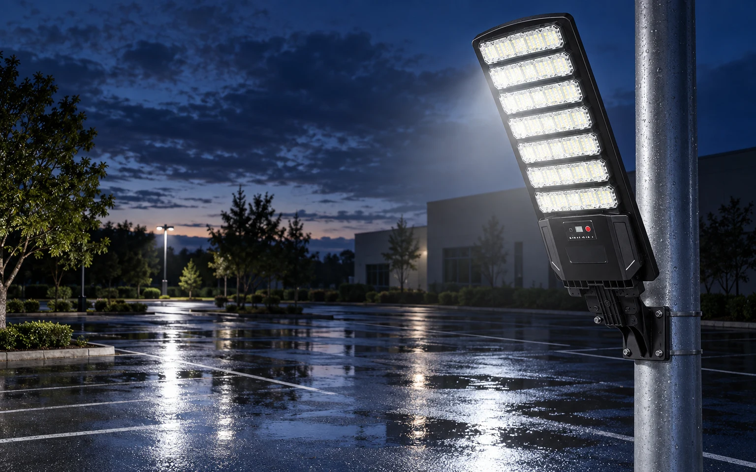 Solar street light still shining before dawn over a wet parking area after rain