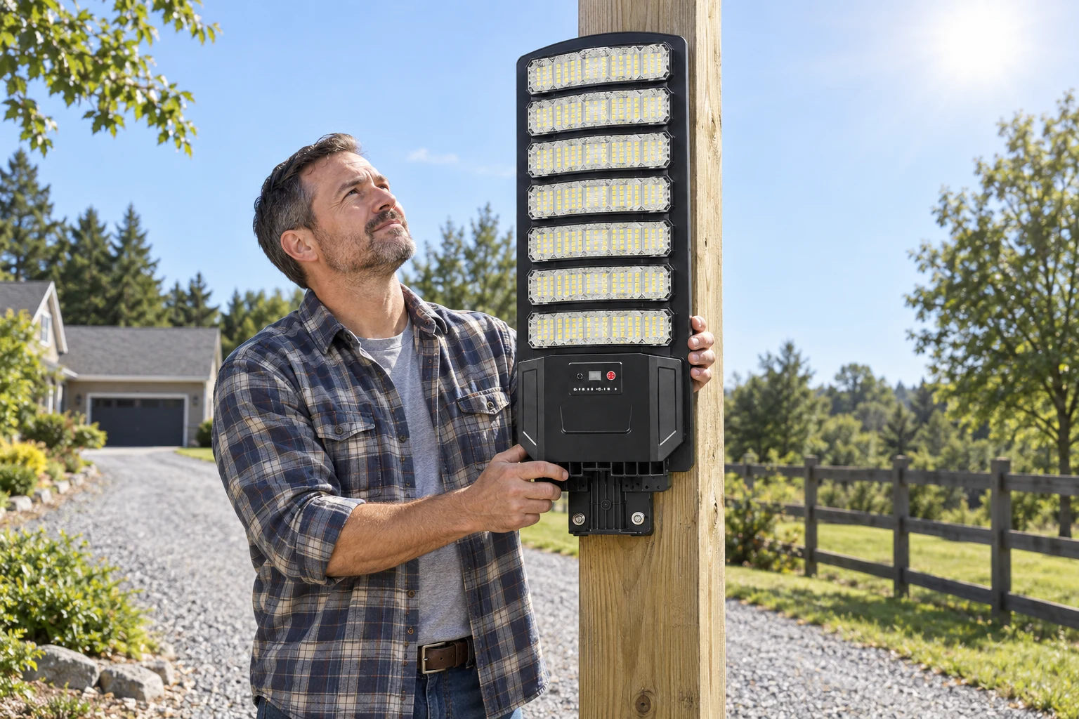 Homeowner choosing a sunny spot for the solar street light beside a driveway