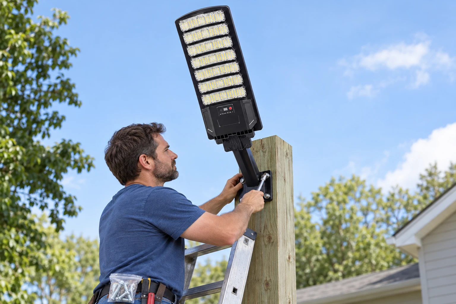 Homeowner on a ladder bolting the solar street light's bracket to a post