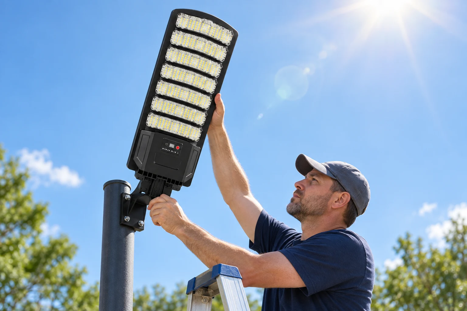 Angling the mounted solar street light toward the sun