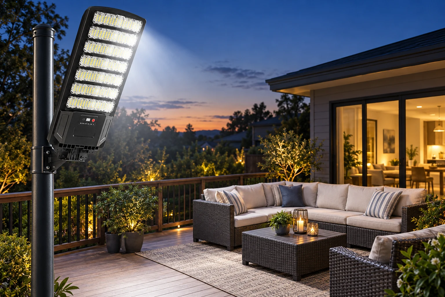 Solar street light over a backyard sitting area at dusk