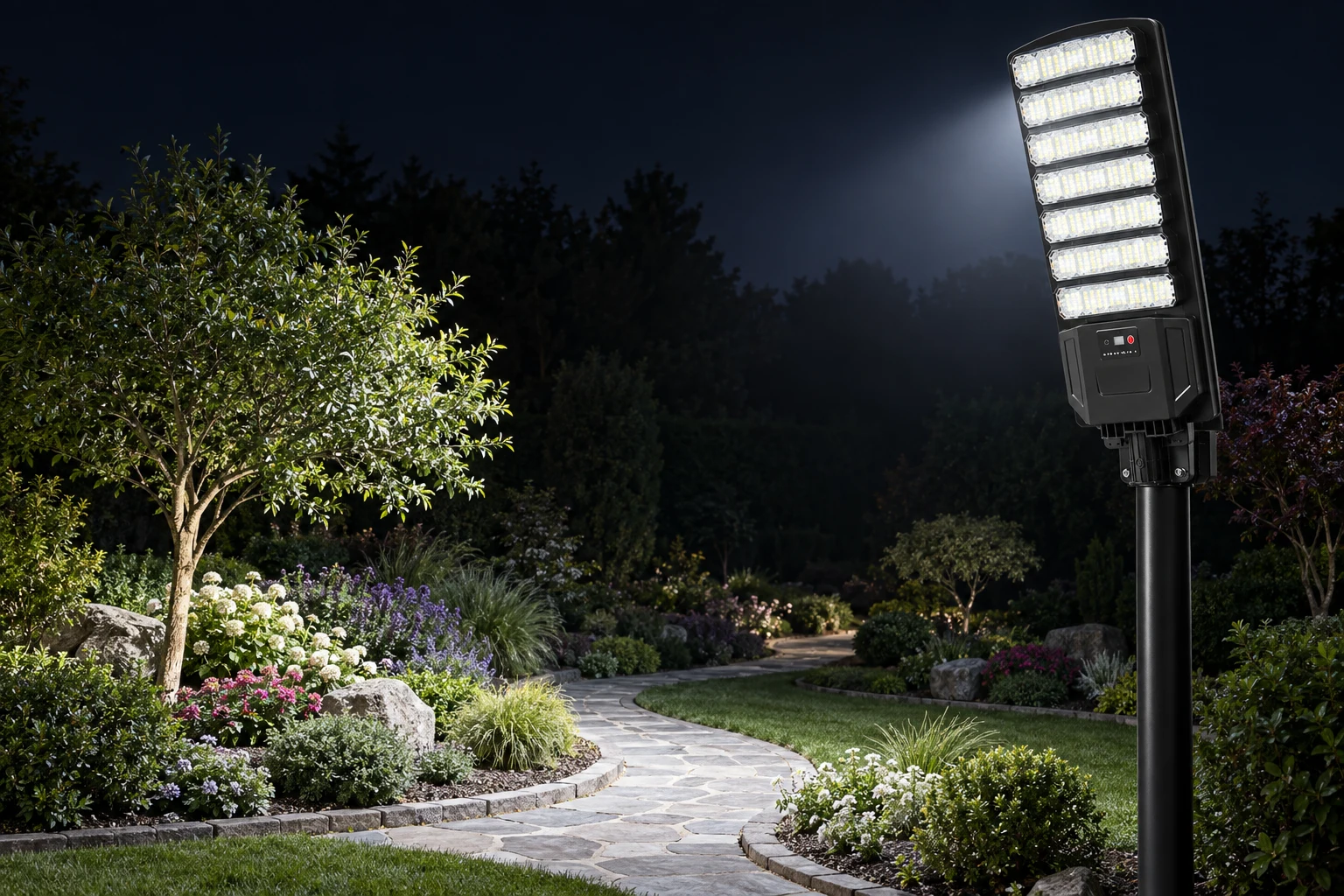 Solar street light lighting a large garden at night