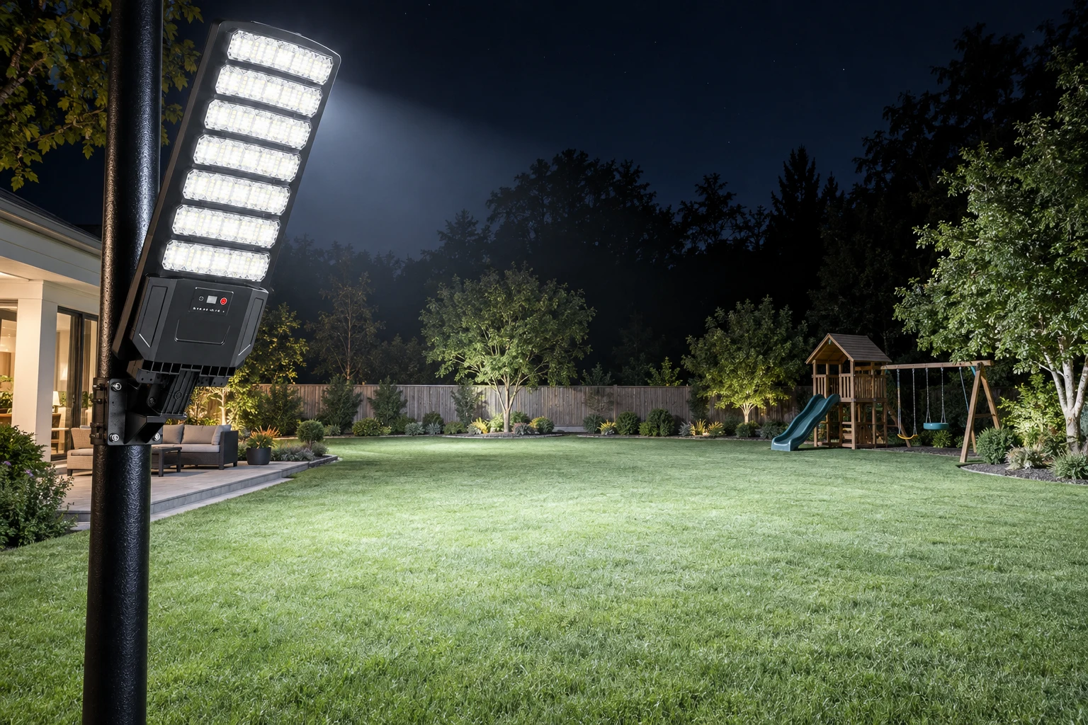 One solar street light lighting a whole backyard at night