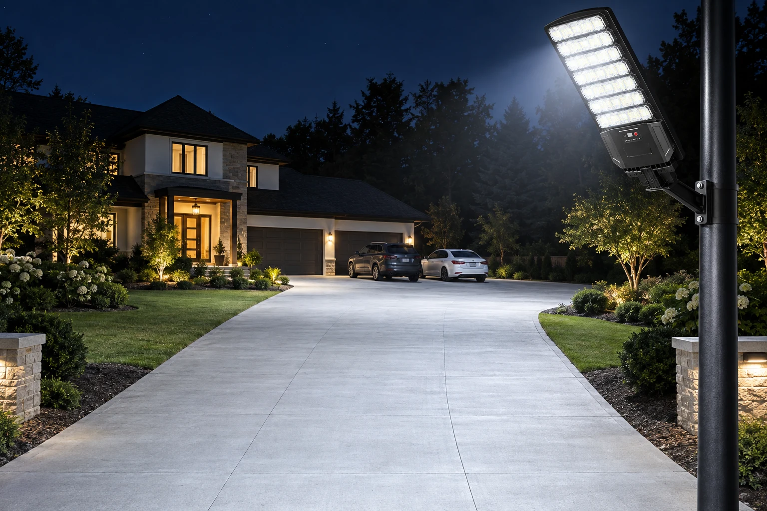 Solar street light on a pole lighting a long driveway up to a house at night