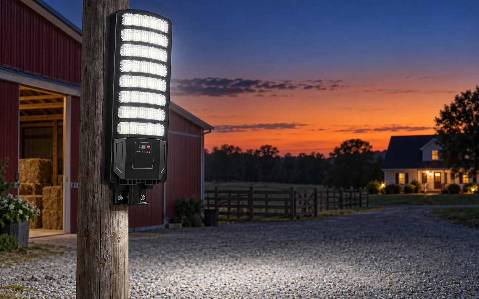 Solar street light switching on by itself at sunset over a farmyard