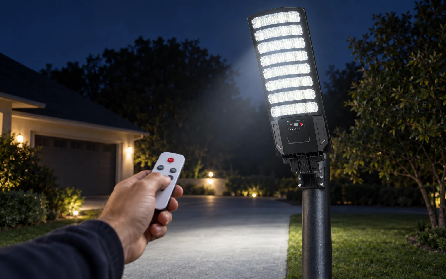 Hand pointing the remote control at the solar street light at night