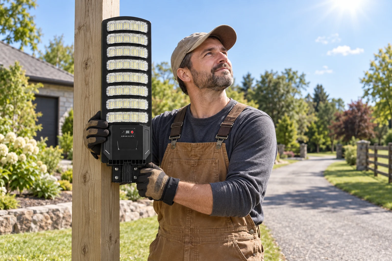 Homeowner choosing a sunny spot for the solar street light beside a driveway