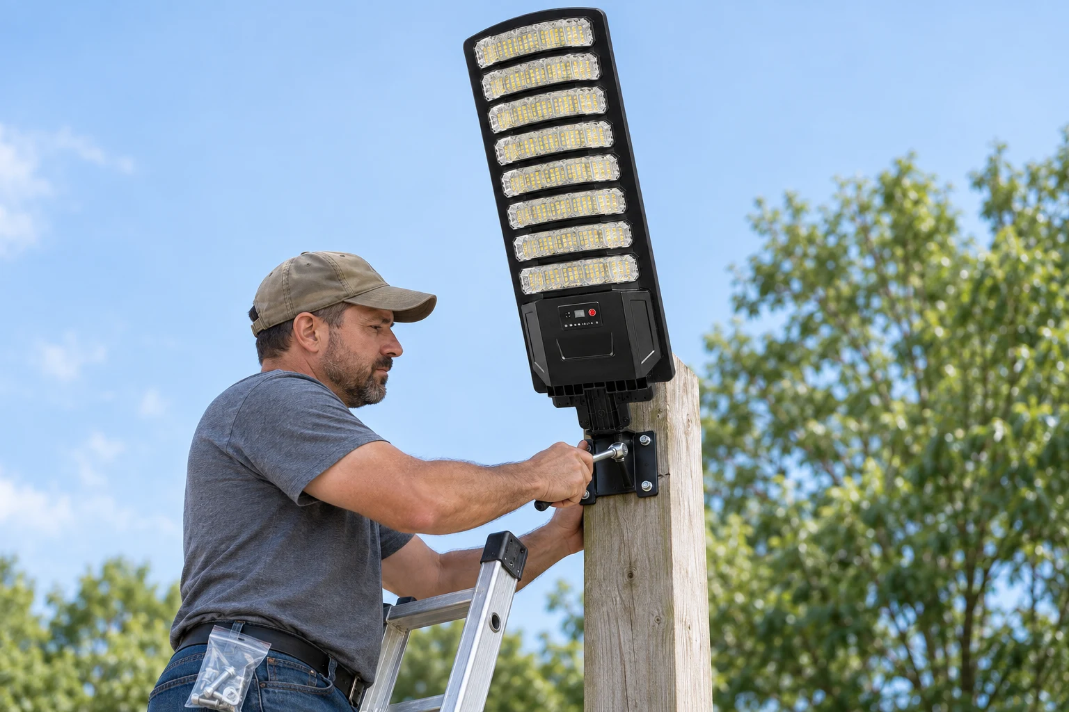 Homeowner on a ladder bolting the solar street light's bracket to a post