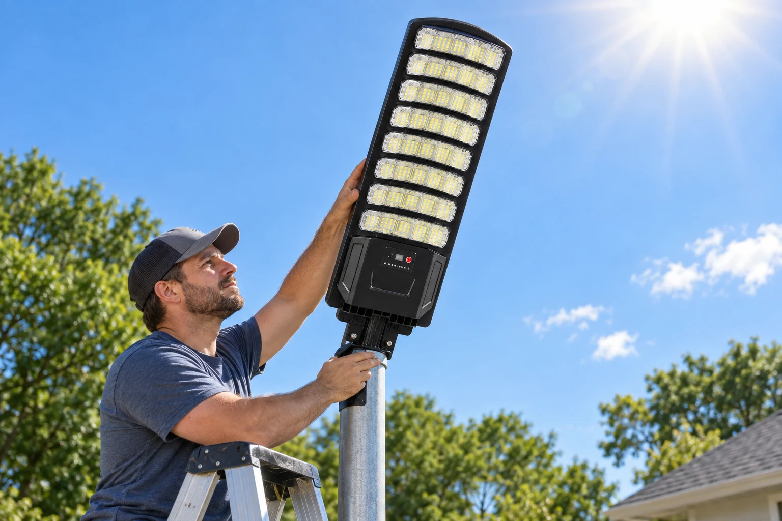 Angling the mounted solar street light toward the sun