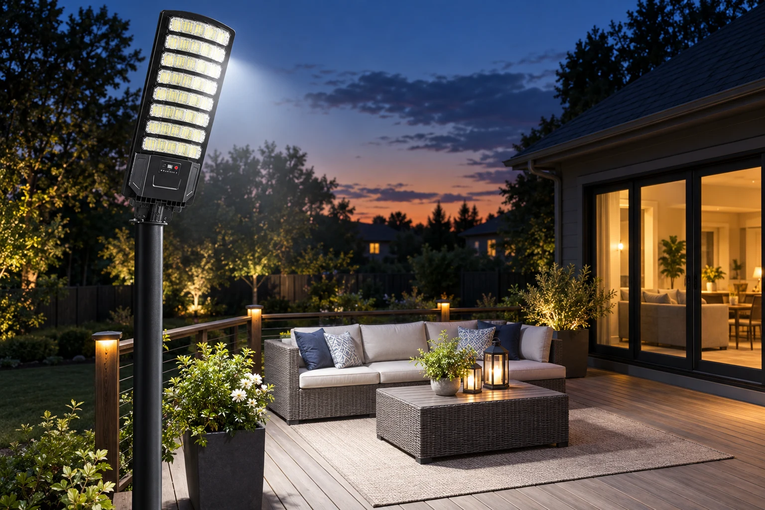 Solar street light over a backyard sitting area at dusk