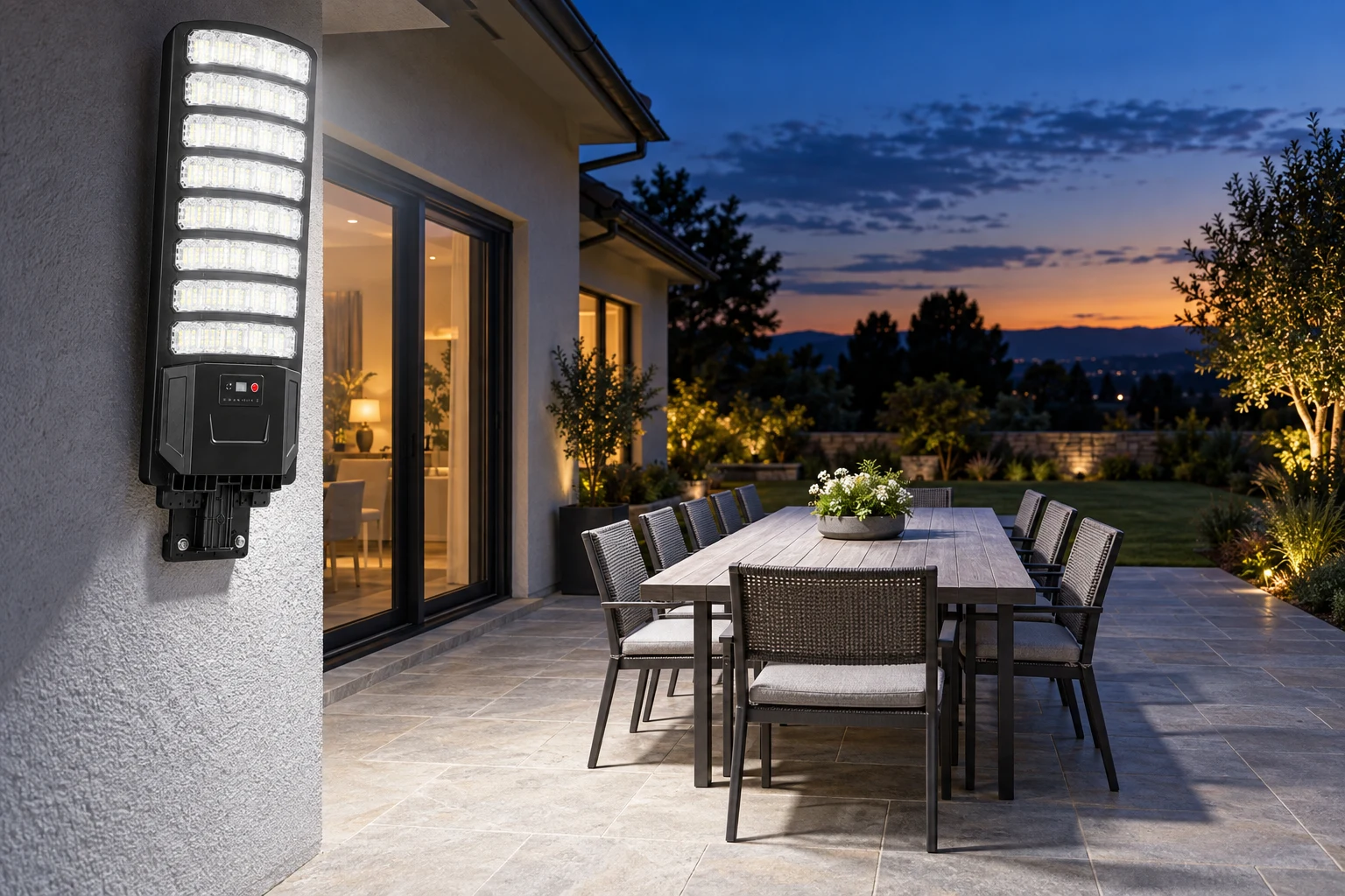 Solar street light switching on at dusk over a patio
